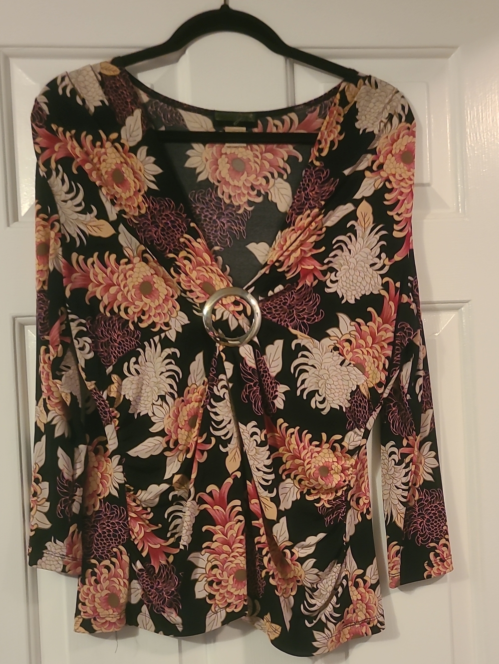 Black Floral Ring-Front Women's Blouse